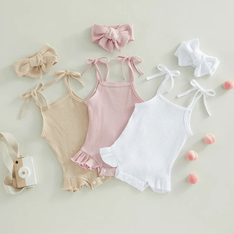 Baby Girl Ribbed Knit Tie-Up Strap Ruffle Romper & Headband Set