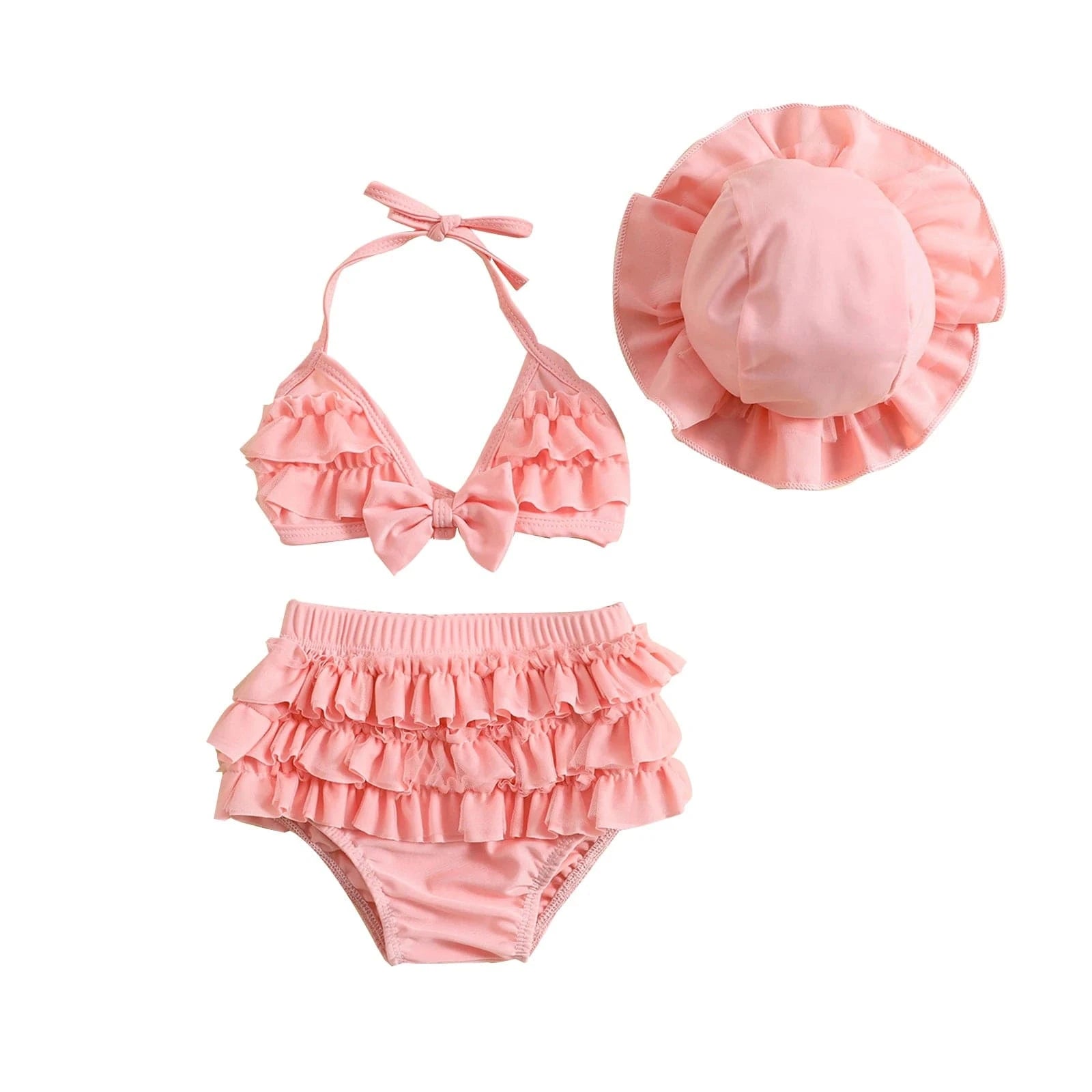 Pink / 0-6M Baby Girl Ruffle Bikini Set with Hat