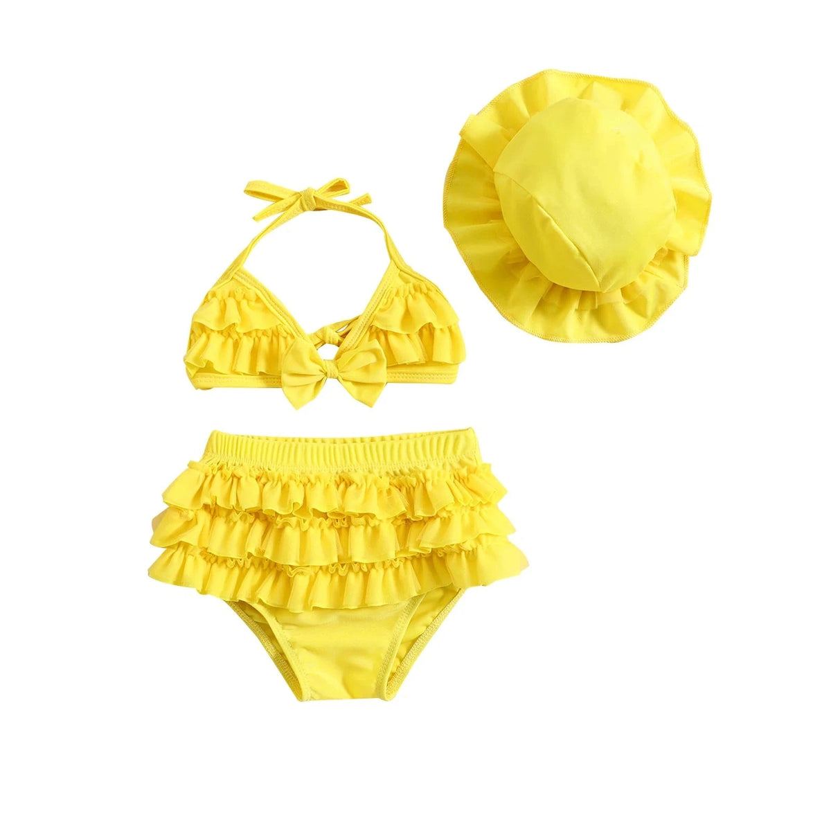 Yellow / 0-6M Baby Girl Ruffle Bikini Set with Hat