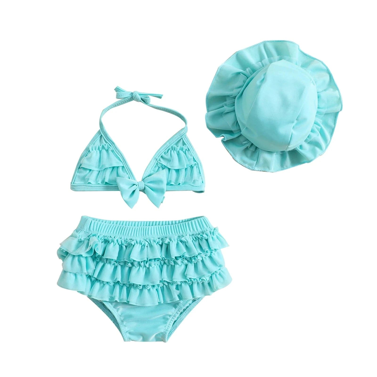 Blue / 0-6M Baby Girl Ruffle Bikini Set with Hat
