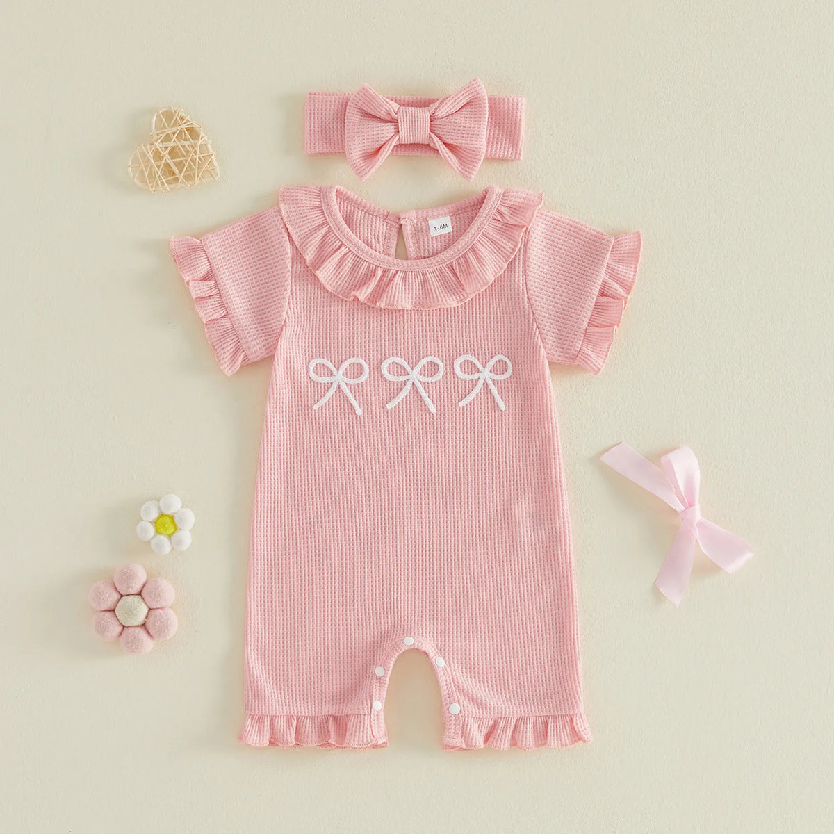 Baby Girl Ruffle Bow Embroidery Cotton Romper & Headband Set