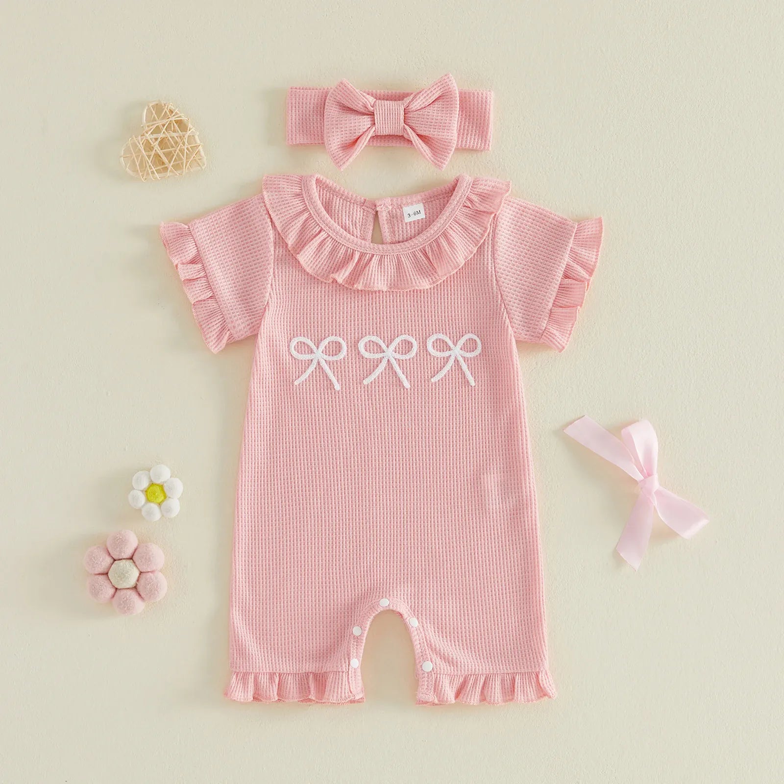 Baby Girl Ruffle Bow Embroidery Cotton Romper & Headband Set