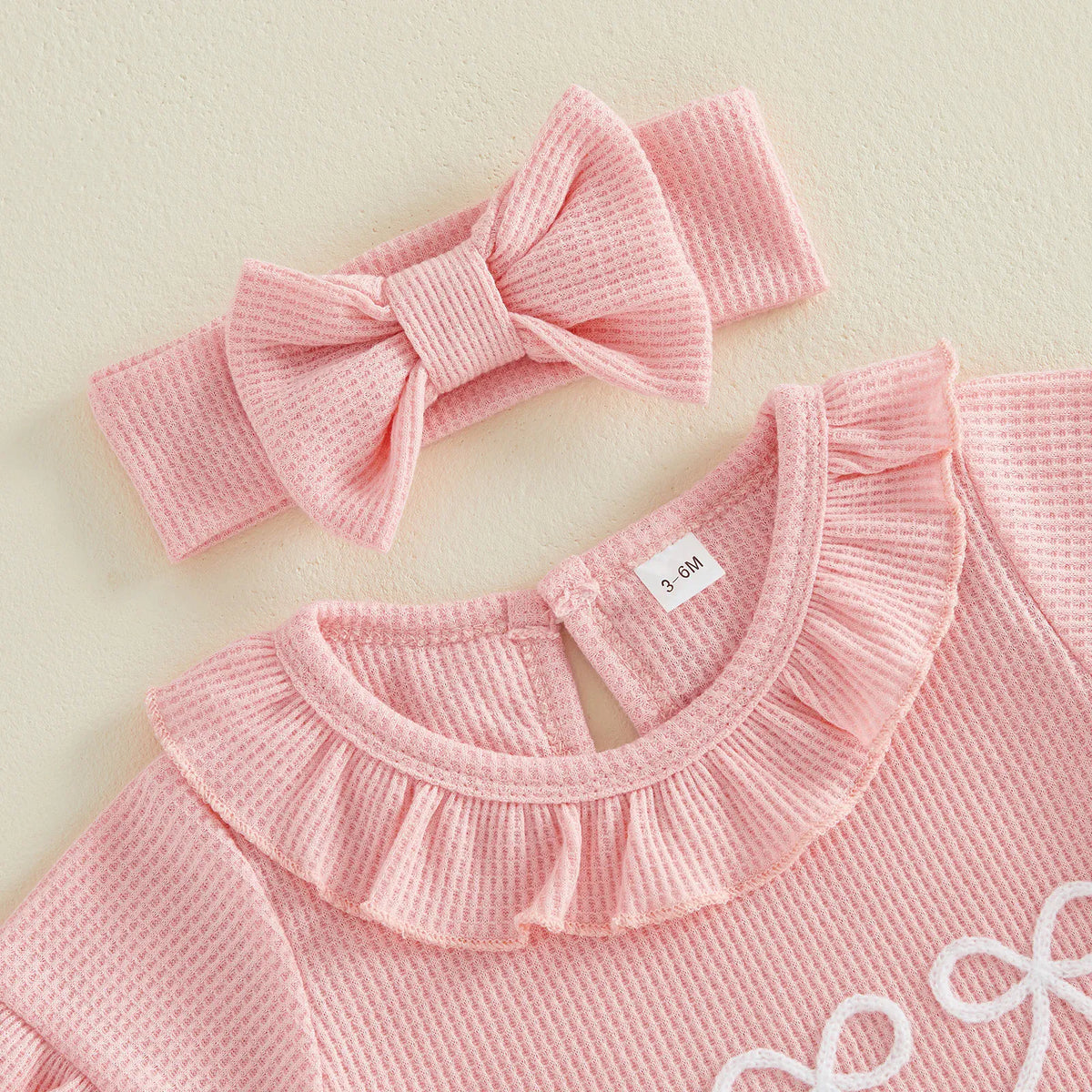 Baby Girl Ruffle Bow Embroidery Cotton Romper & Headband Set