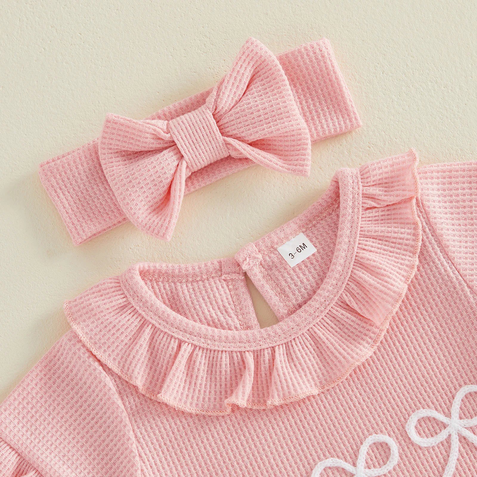Baby Girl Ruffle Bow Embroidery Cotton Romper & Headband Set