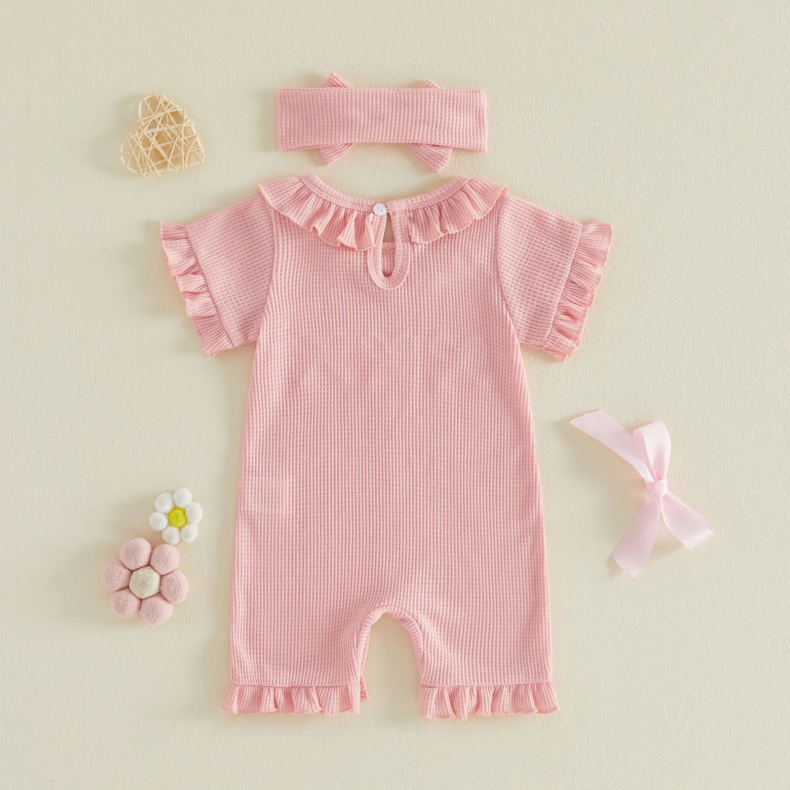 Baby Girl Ruffle Bow Embroidery Cotton Romper & Headband Set