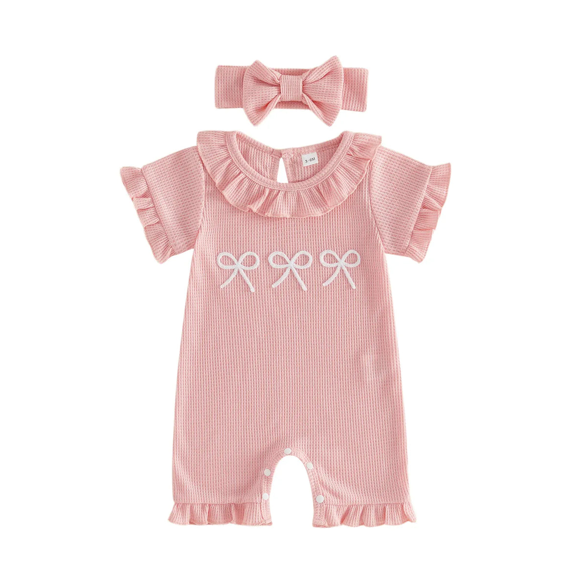 Baby Girl Ruffle Bow Embroidery Cotton Romper & Headband Set