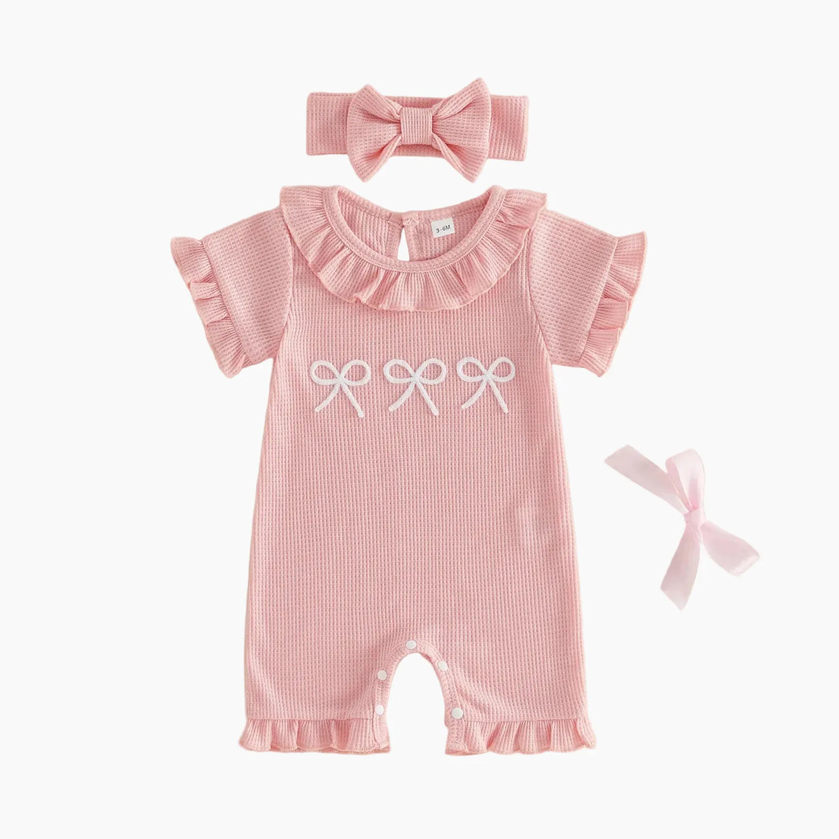 0-3M Baby Girl Ruffle Bow Embroidery Cotton Romper &amp; Headband Set
