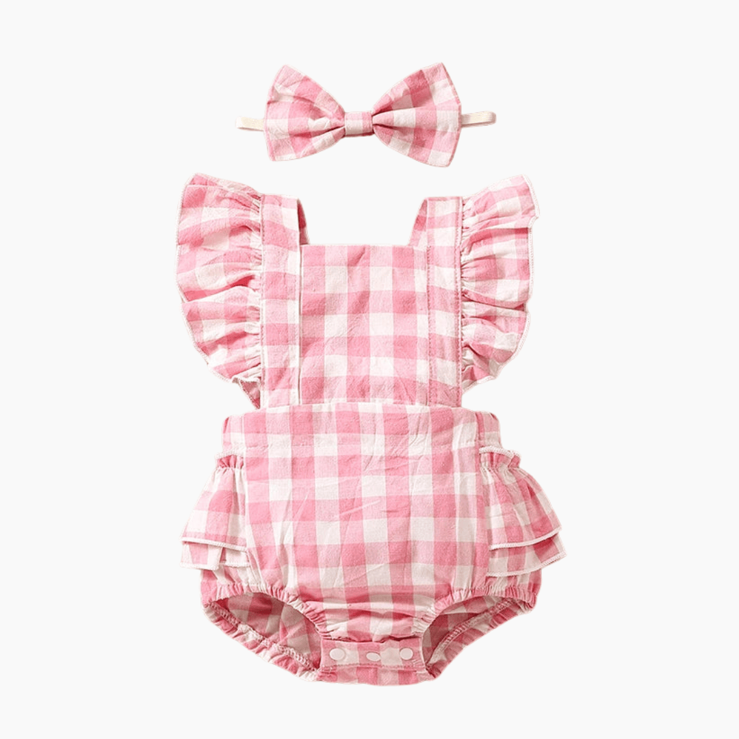 Baby Girl Ruffle Plaid Romper with Matching Headband