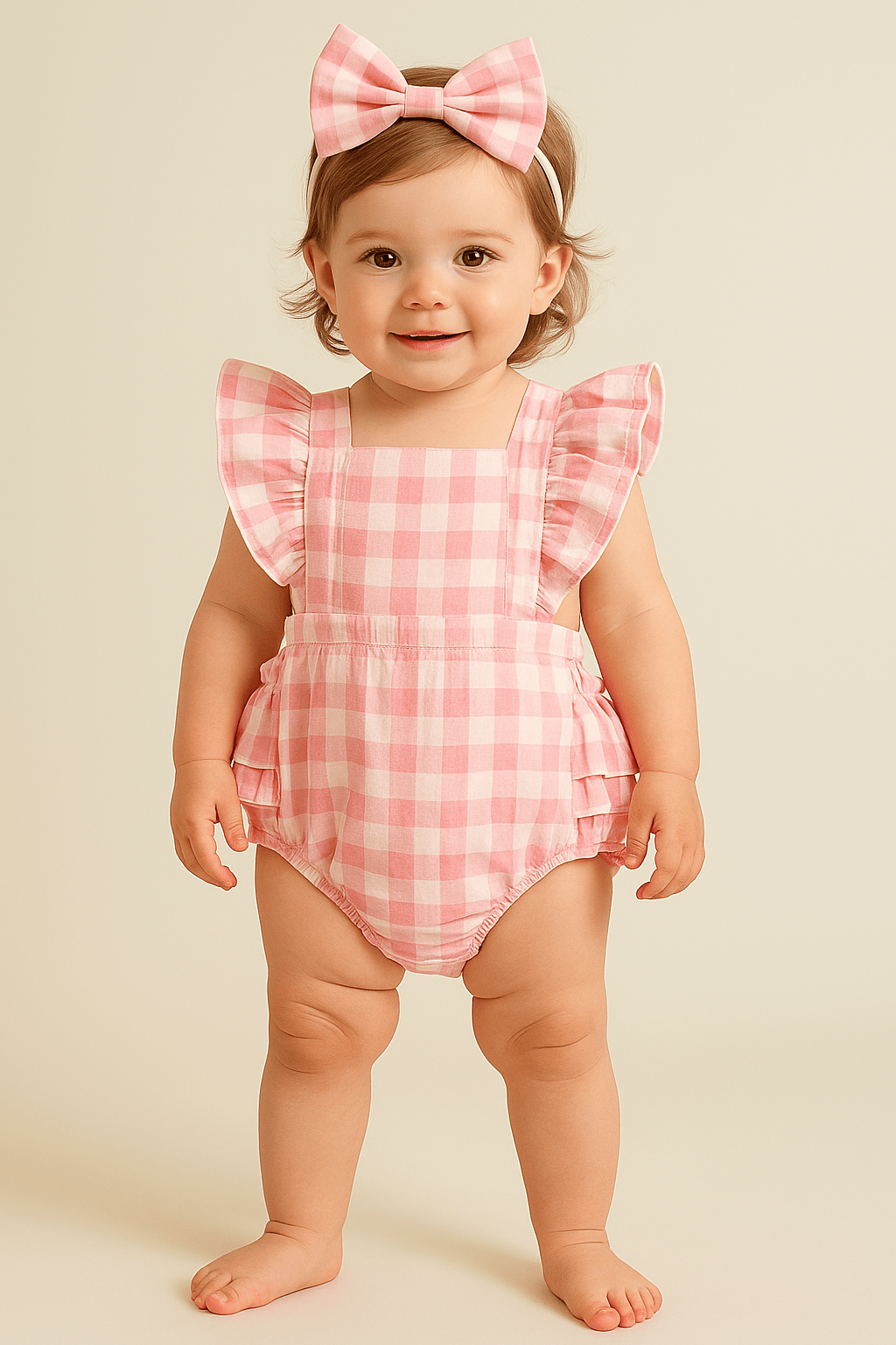 Baby Girl Ruffle Plaid Romper with Matching Headband