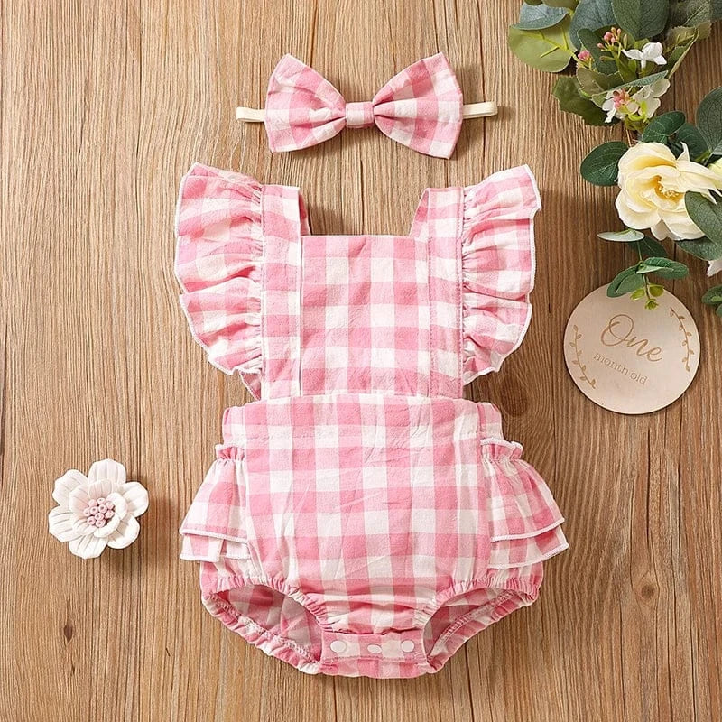 Pink / 12-18M Baby Girl Ruffle Plaid Romper with Matching Headband
