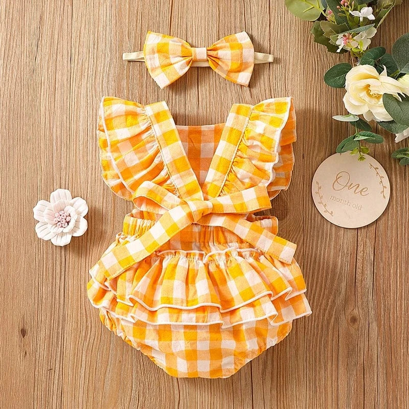 Baby Girl Ruffle Plaid Romper with Matching Headband