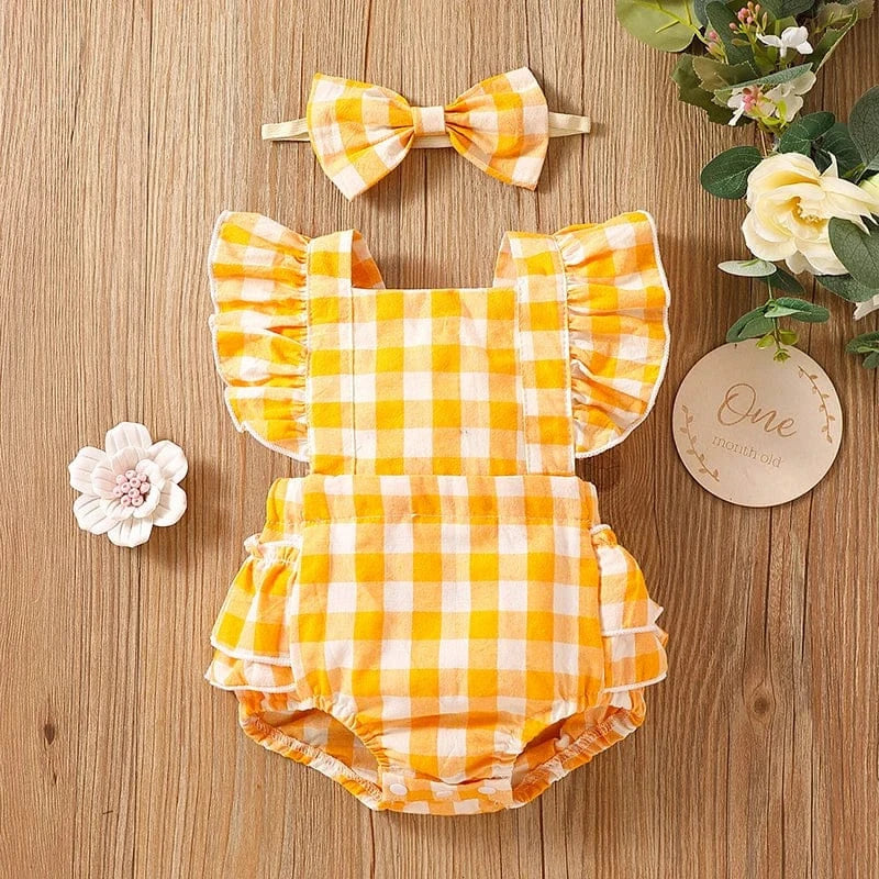 Baby Girl Ruffle Plaid Romper with Matching Headband