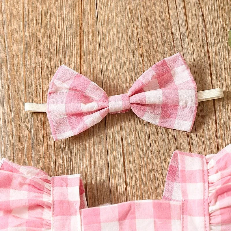 Baby Girl Ruffle Plaid Romper with Matching Headband