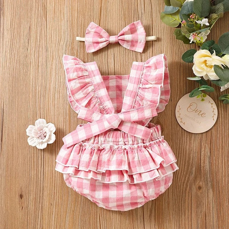 Baby Girl Ruffle Plaid Romper with Matching Headband