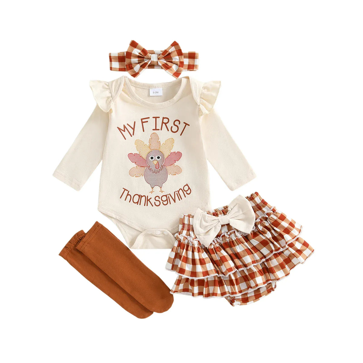 Khaki / 0-3M Baby Girl's My First Thanksgiving 4-Piece Outfit Set
