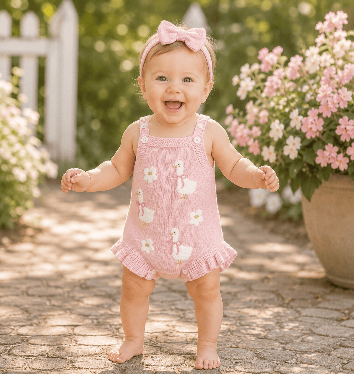 Baby Girl Sleeveless Duck & Flower Knit Overall Bodysuit