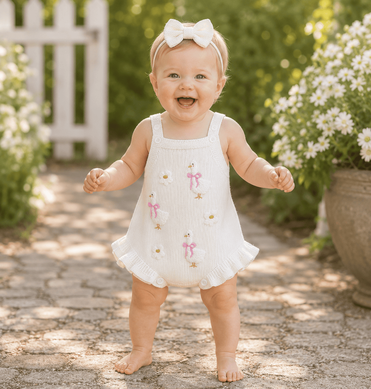 Baby Girl Sleeveless Duck & Flower Knit Overall Bodysuit