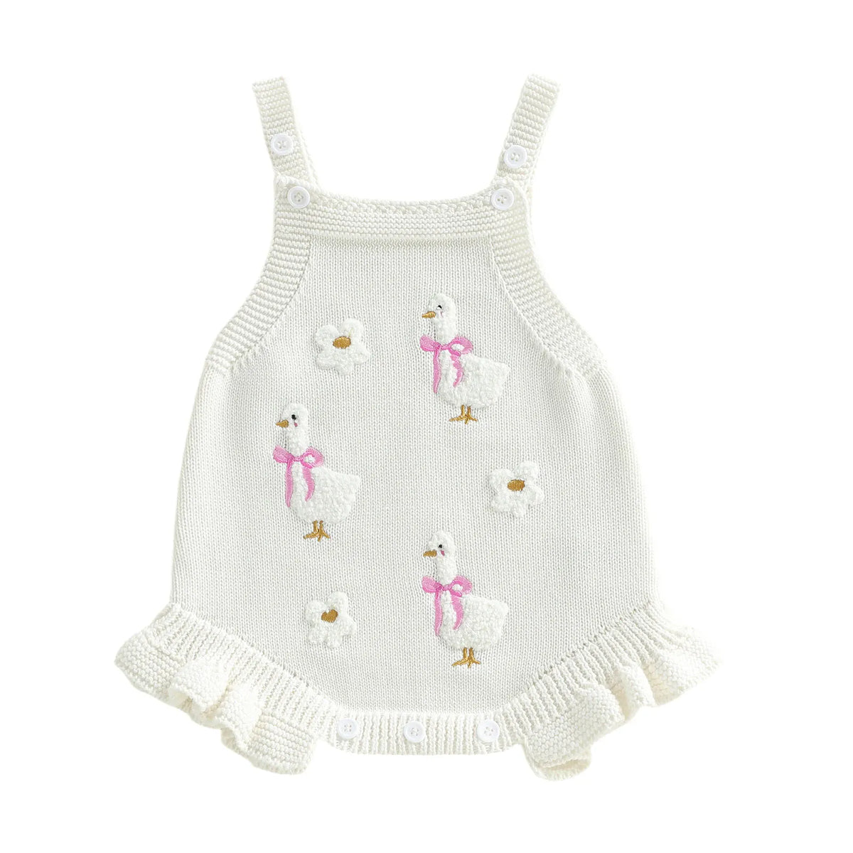 Ivory / 0-3M Baby Girl Sleeveless Duck & Flower Knit Overall Bodysuit