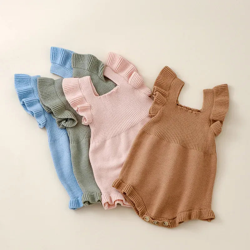 Baby Girl Solid Square Collar Ruffle Sleeve Romper