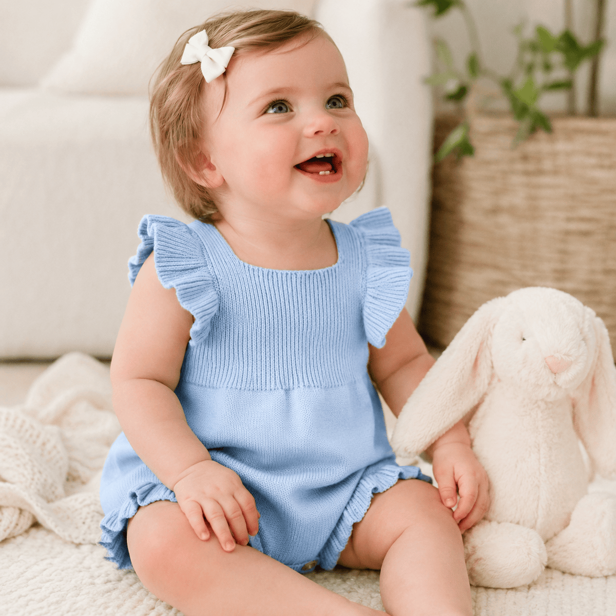 Baby Girl Solid Square Collar Ruffle Sleeve Romper