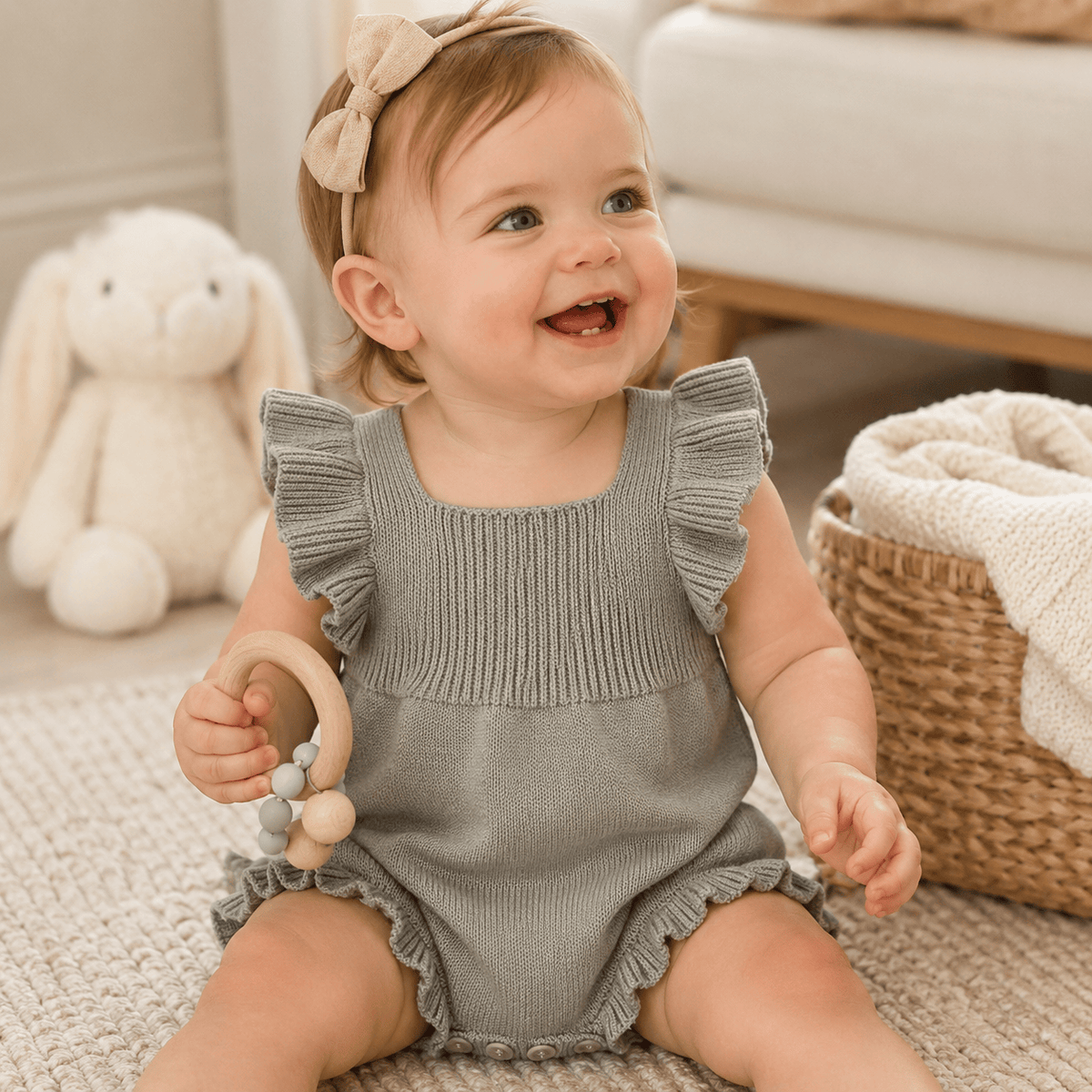 Baby Girl Solid Square Collar Ruffle Sleeve Romper
