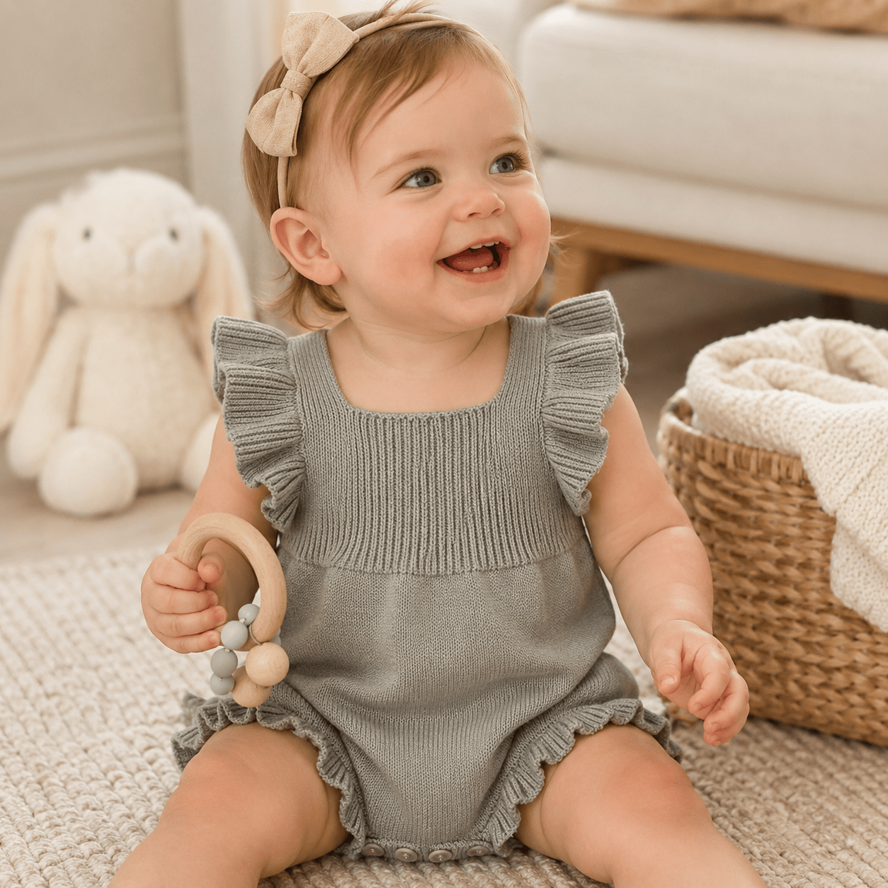 Baby Girl Solid Square Collar Ruffle Sleeve Romper