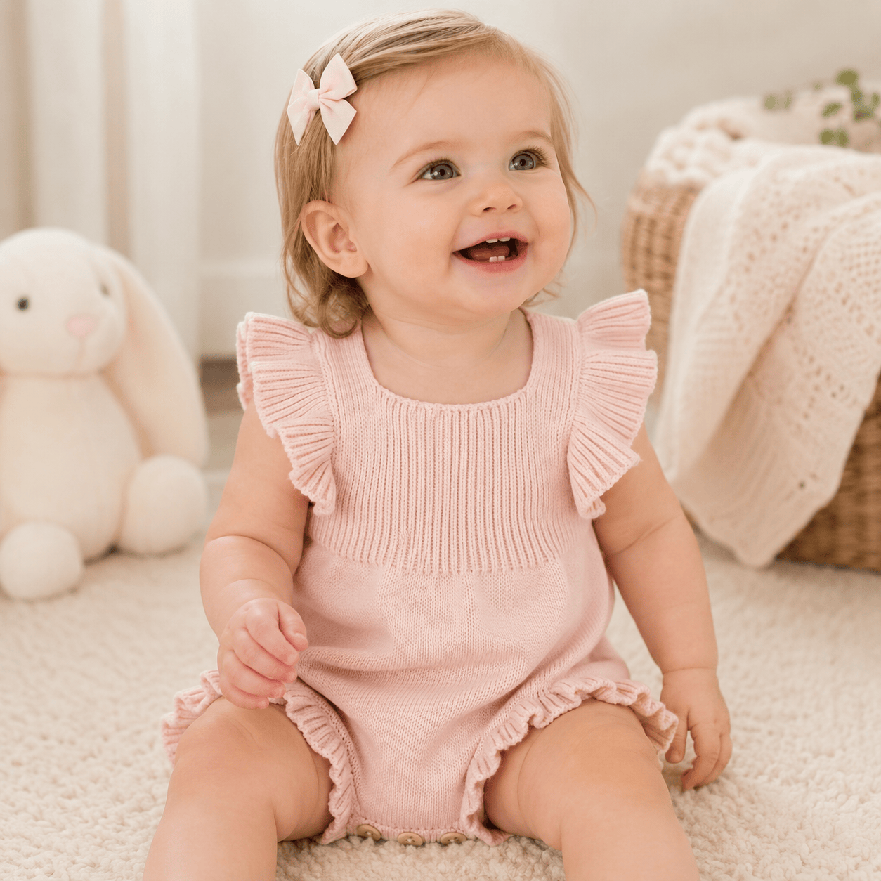 Baby Girl Solid Square Collar Ruffle Sleeve Romper