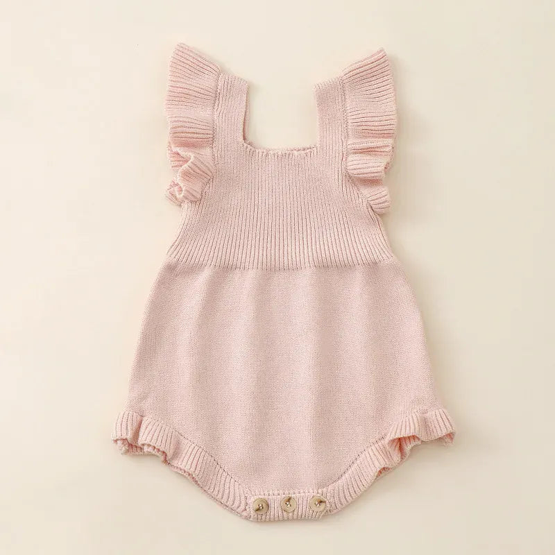 Pink / 3-6M Baby Girl Solid Square Collar Ruffle Sleeve Romper