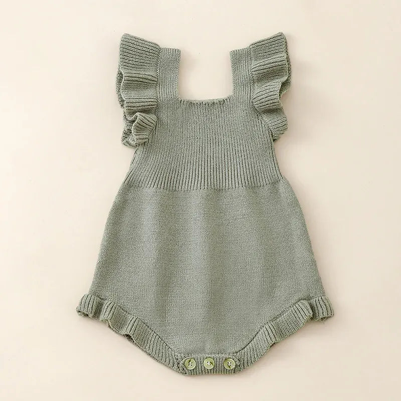 Green / 3-6M Baby Girl Solid Square Collar Ruffle Sleeve Romper