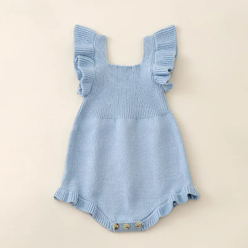 Blue / 3-6M Baby Girl Solid Square Collar Ruffle Sleeve Romper