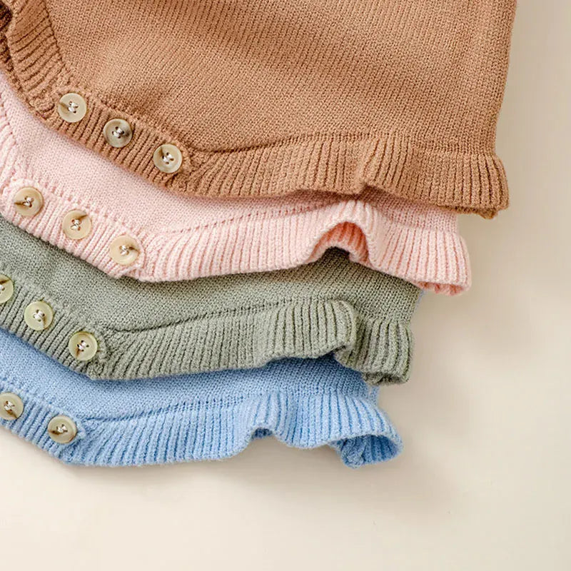 Baby Girl Solid Square Collar Ruffle Sleeve Romper