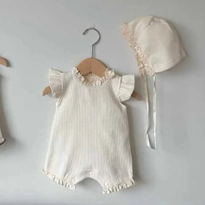 Apricot Short Sleeve / 0-6M Baby Girl Summer Romper with Hat
