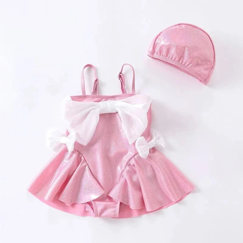 Pink / 2T Baby Girl Swimsuit with Big Bow and Cap