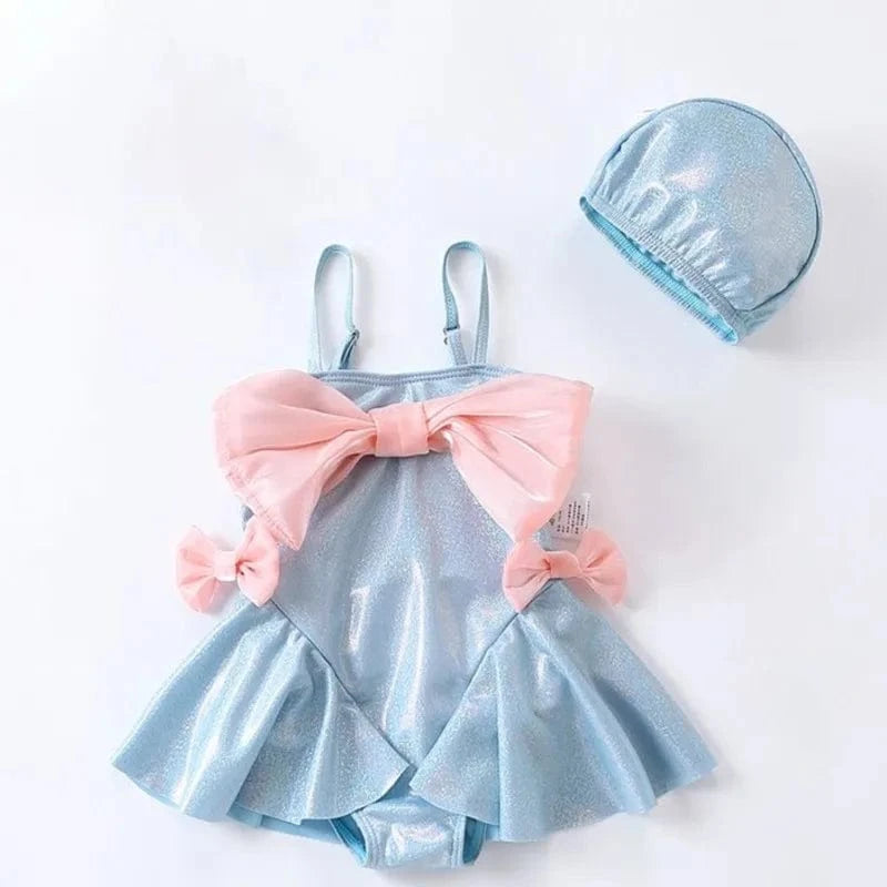 Blue / 2T Baby Girl Swimsuit with Big Bow and Cap
