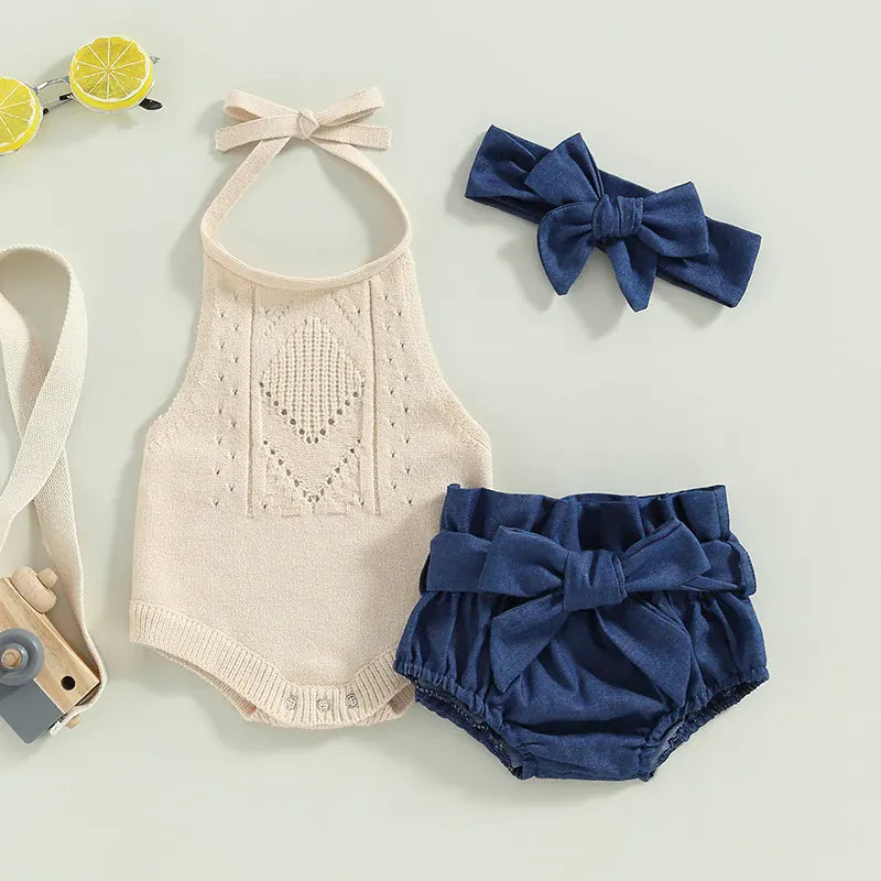 Baby Girl Tie-Up Halter Knit Romper, Belted Shorts & Headband 3-Piece Set