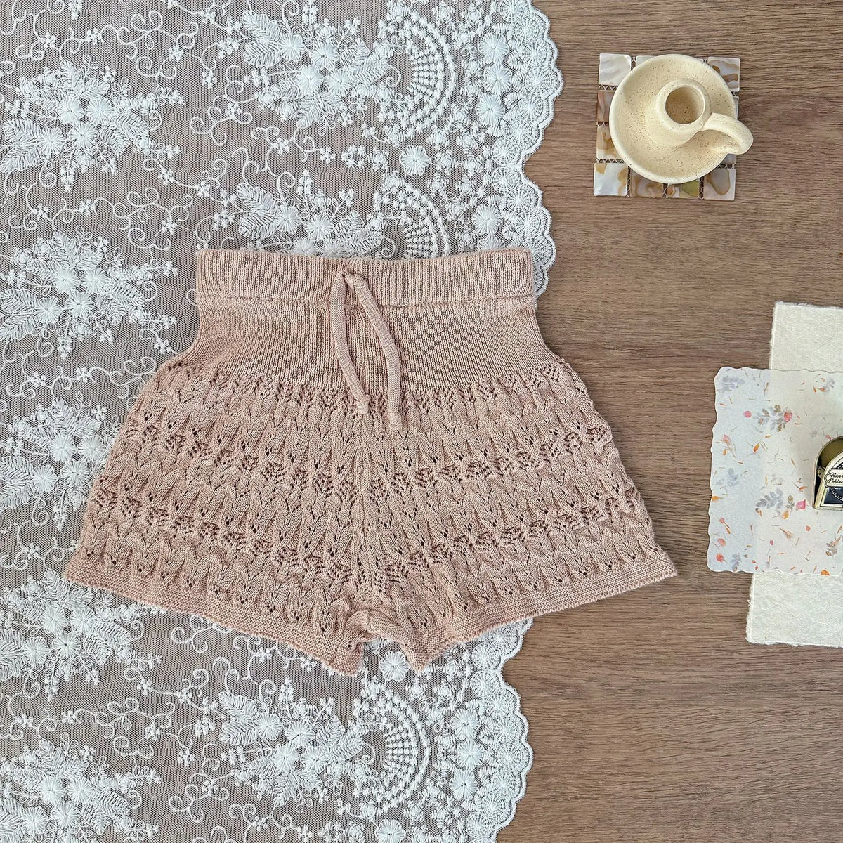 Dusty Rose Bloomers / 6-9M Baby Girls Hollow Knit Lace Collar Vest &amp; Shorts Set