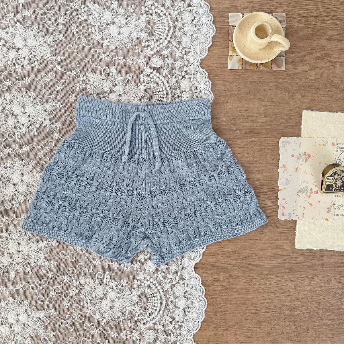 Dusty Blue Bloomers / 6-9M Baby Girls Hollow Knit Lace Collar Vest &amp; Shorts Set