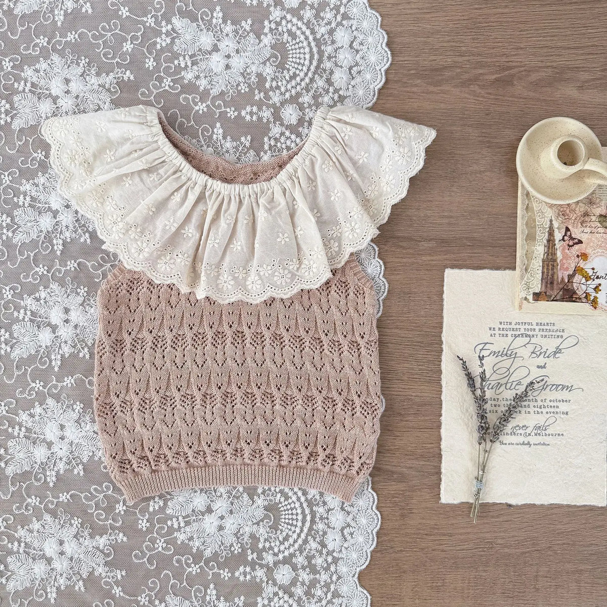 Dusty Rose Top / 6-9M Baby Girls Hollow Knit Lace Collar Vest &amp; Shorts Set