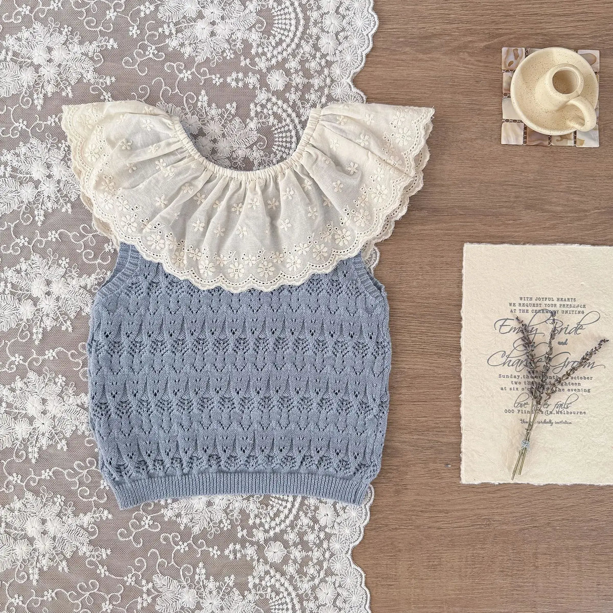 Dusty Blue Top / 6-9M Baby Girls Hollow Knit Lace Collar Vest &amp; Shorts Set