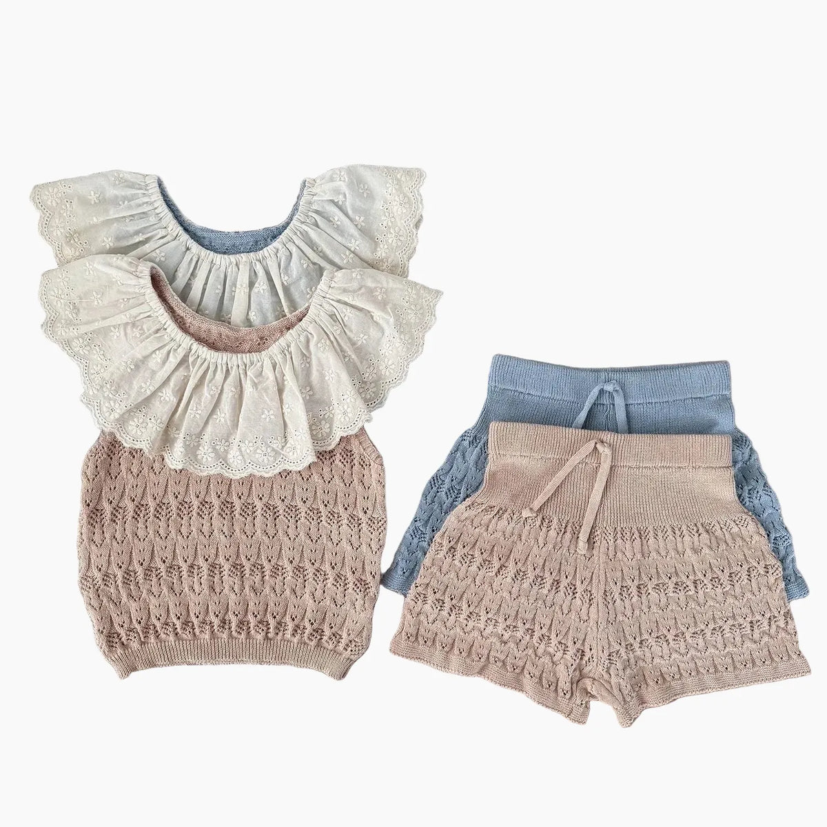 Baby Girls Hollow Knit Lace Collar Vest & Shorts Set