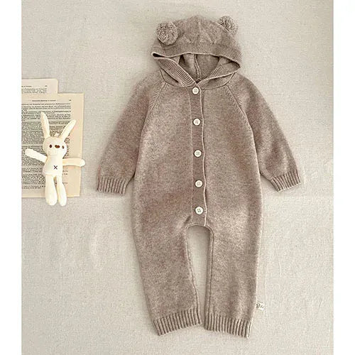 231H22 Camel / 3M Baby Knitted Hooded Romper
