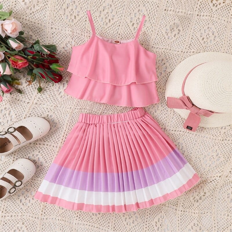 Baby Spaghetti Strap Sling Tops + Colorful Pleated Skirts