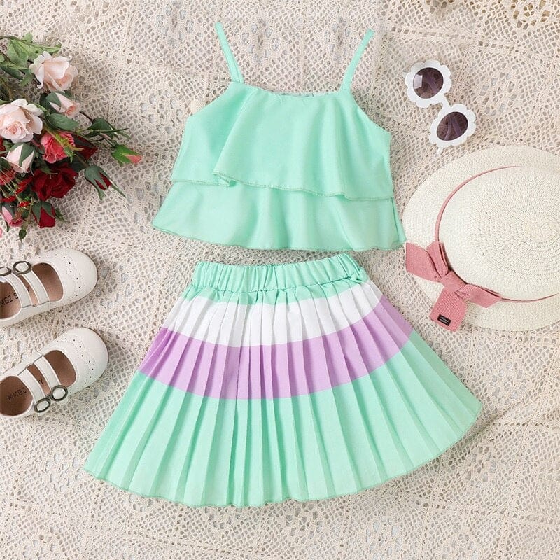 Baby Spaghetti Strap Sling Tops + Colorful Pleated Skirts