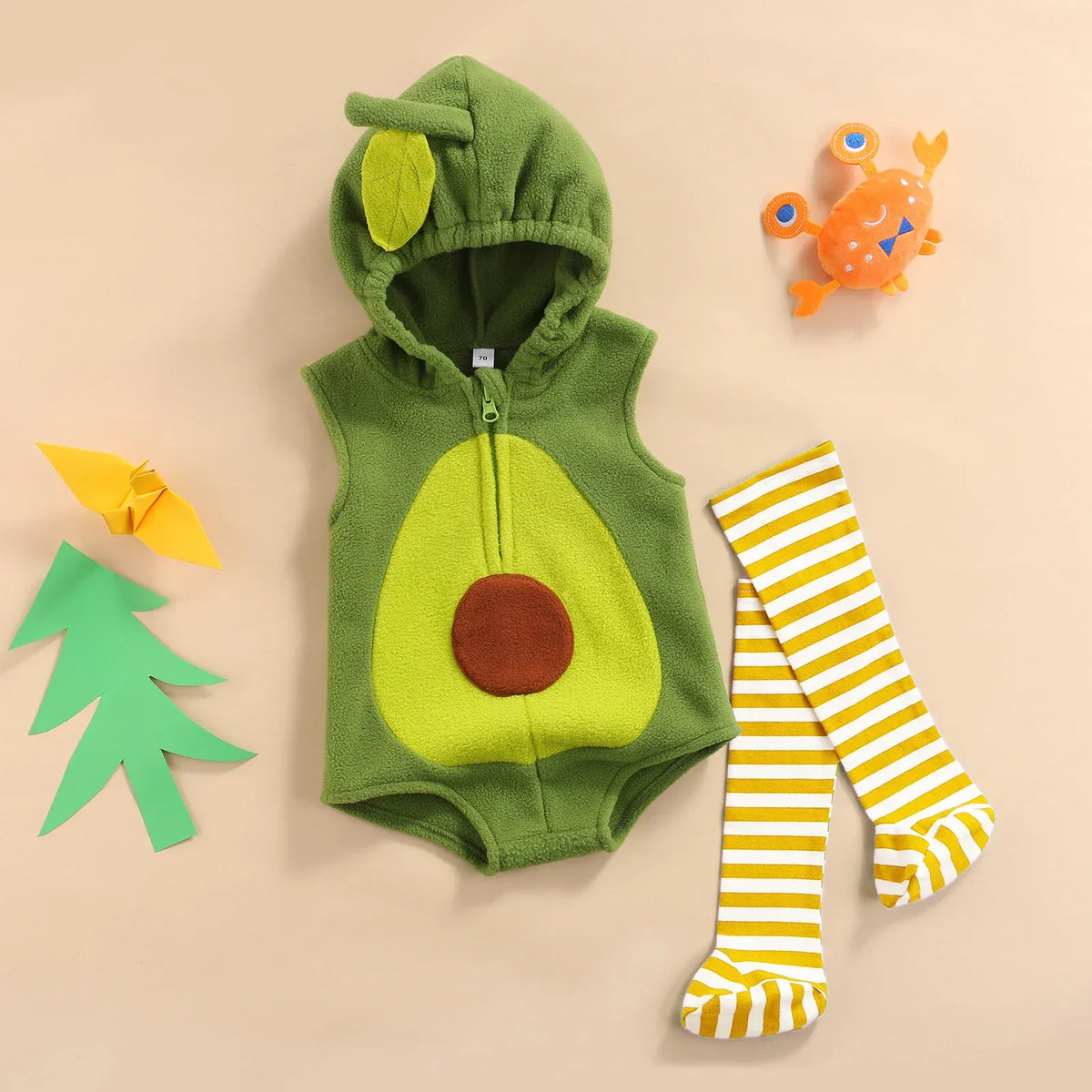 Baby Unisex Avocado Hooded Zipper Flannel Romper & Striped Stockings