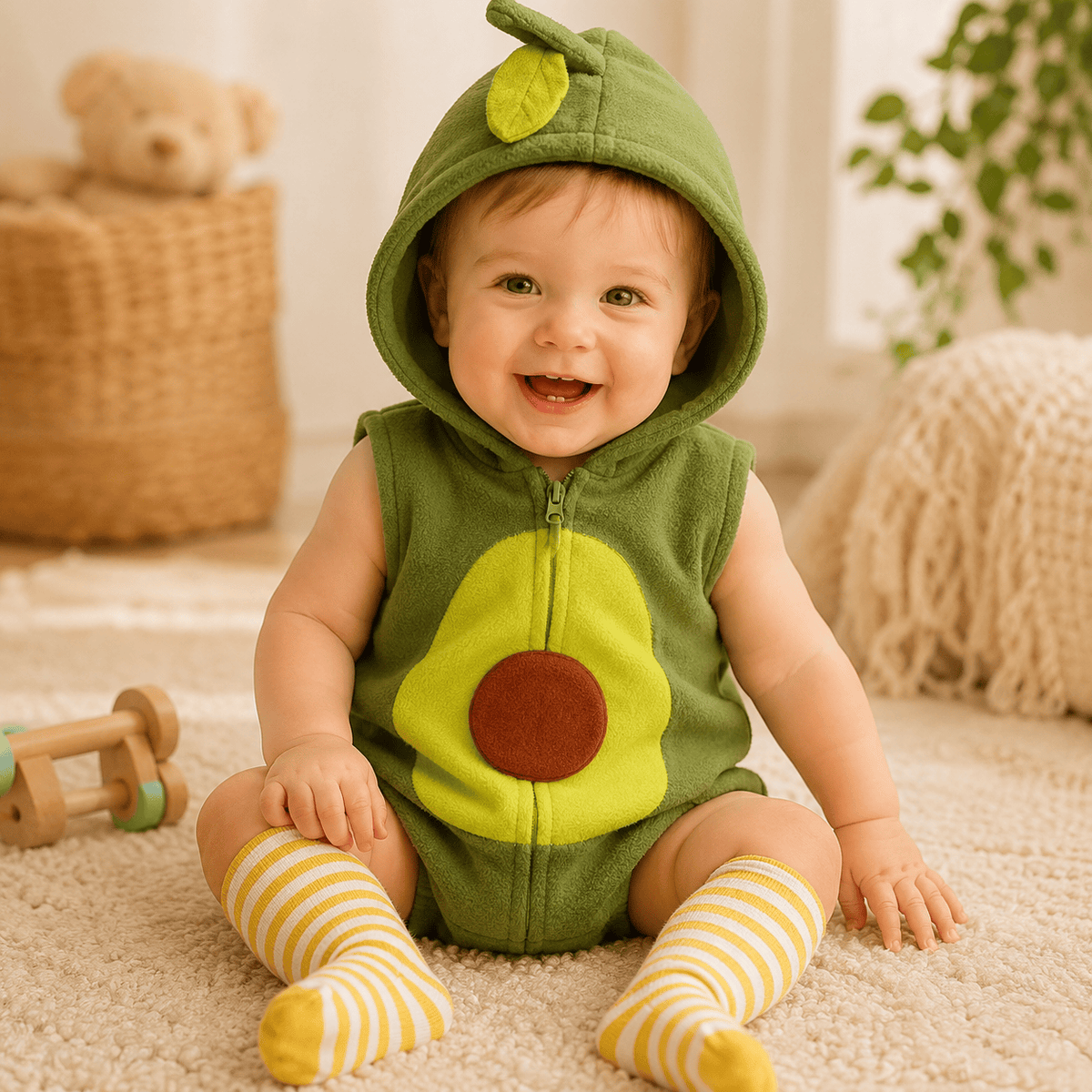 Baby Unisex Avocado Hooded Zipper Flannel Romper & Striped Stockings