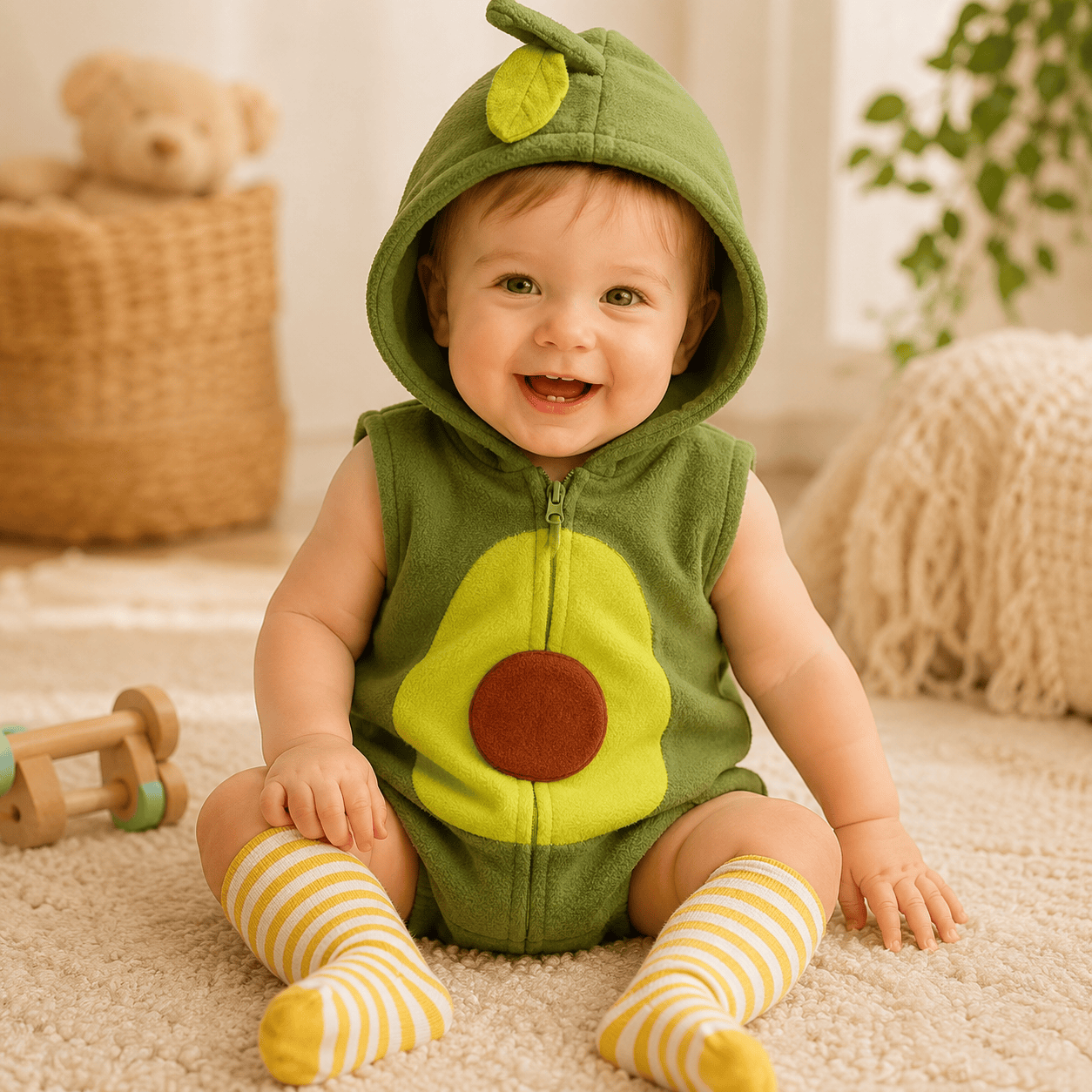 Baby Unisex Avocado Hooded Zipper Flannel Romper & Striped Stockings