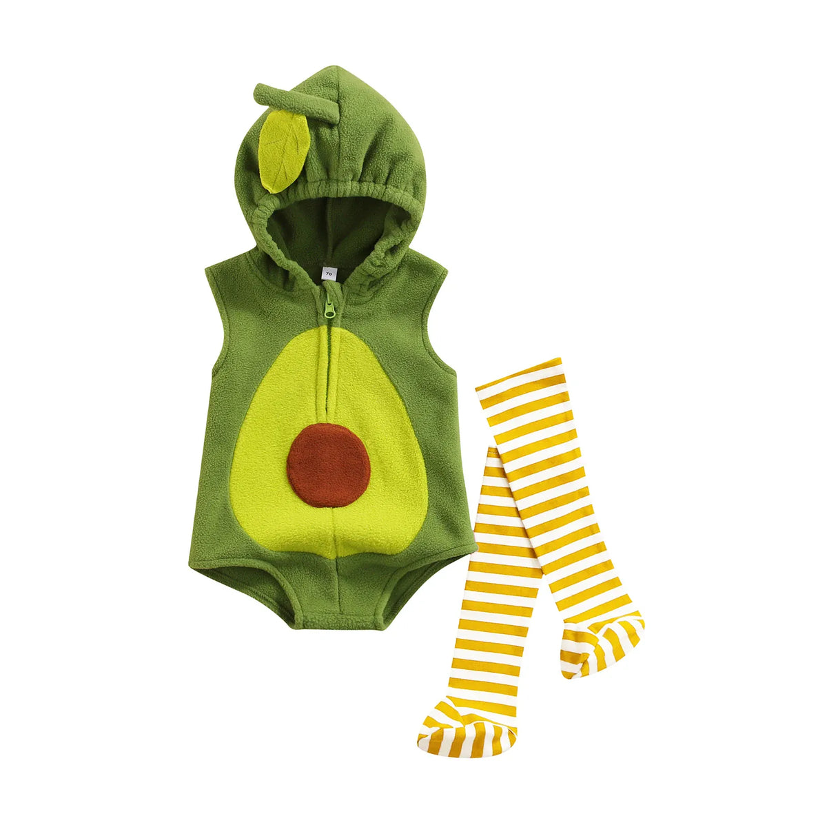 as picture / 0-6M Baby Unisex Avocado Hooded Zipper Flannel Romper & Striped Stockings