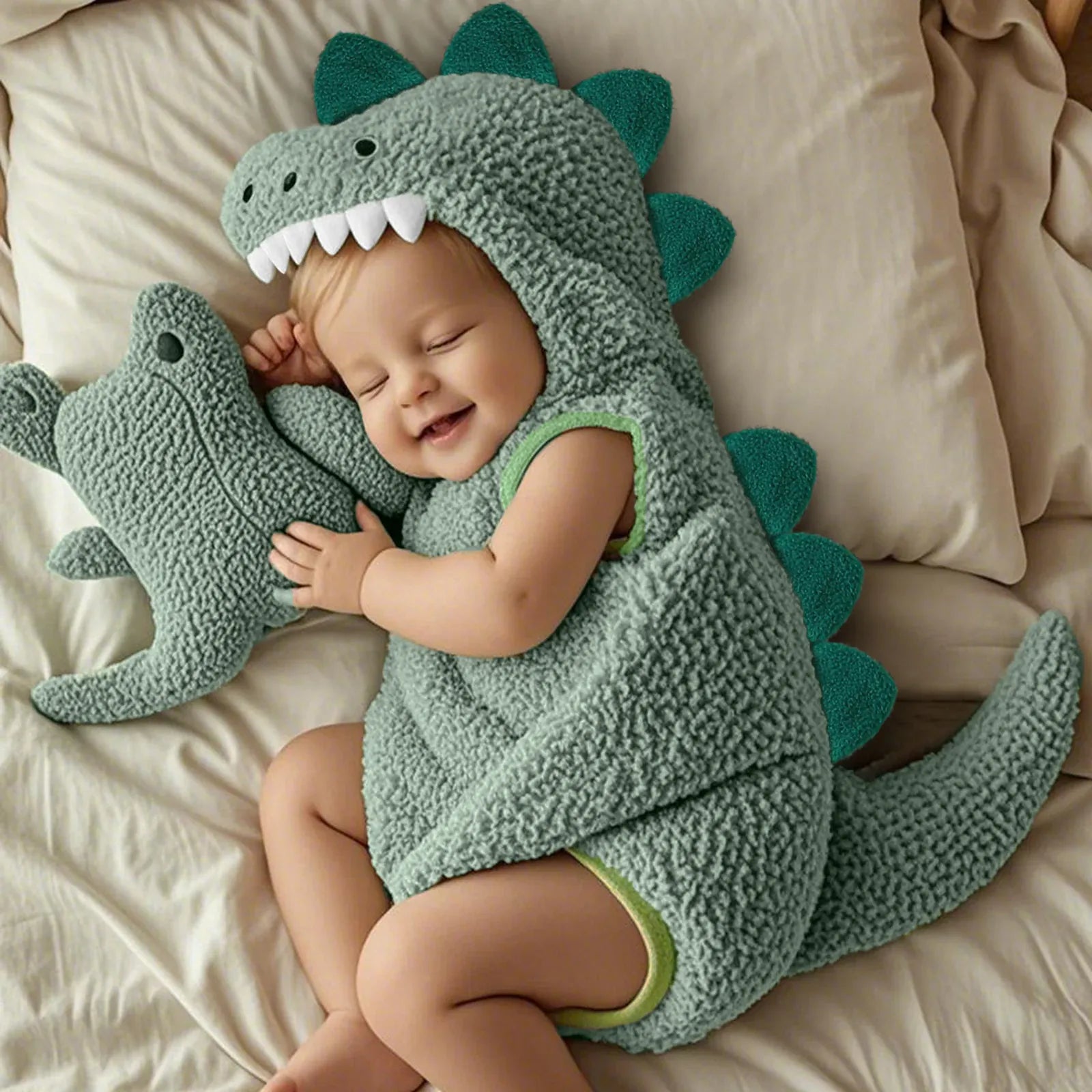 Baby Unisex Plush Dinosaur Hooded Halloween Costume Romper