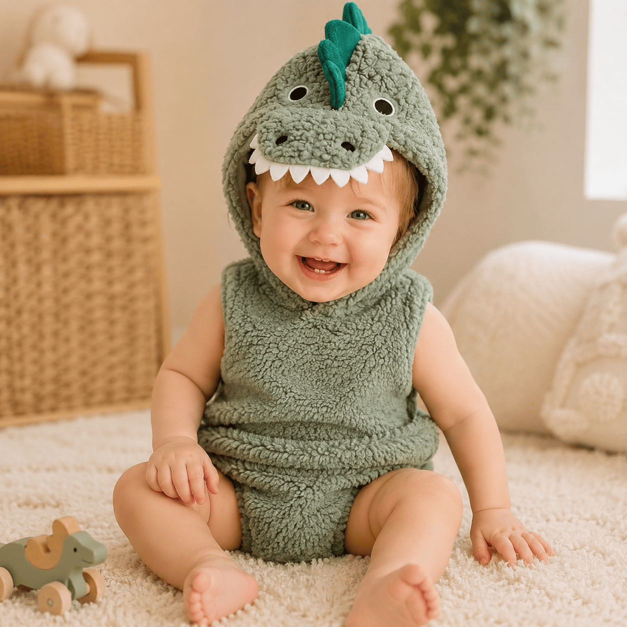 Baby Unisex Plush Dinosaur Hooded Halloween Costume Romper
