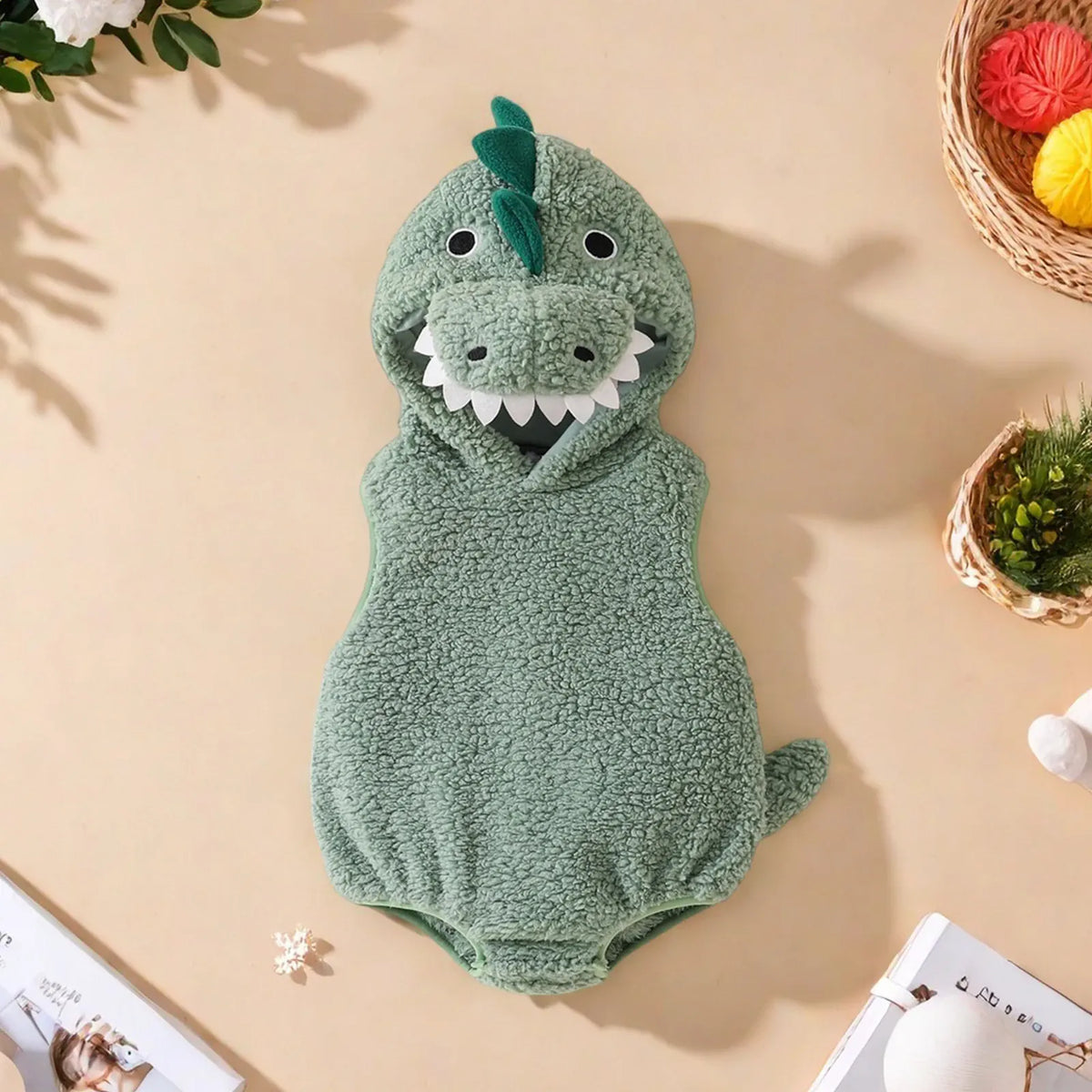 Light Green / 0-3M Baby Unisex Plush Dinosaur Hooded Halloween Costume Romper